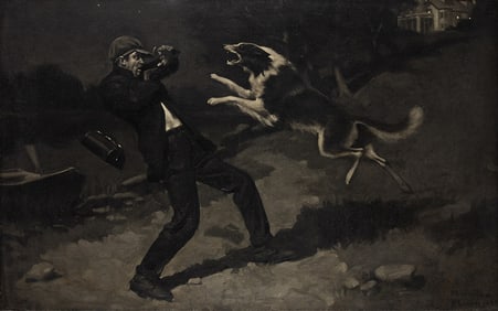 NORMAN ROCKWELL (1894 - 1978) "Out of the blackness Wolf launched himself, straight for the