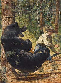 ARTIST UNKNOWN Black Bear with photographer/hunter.