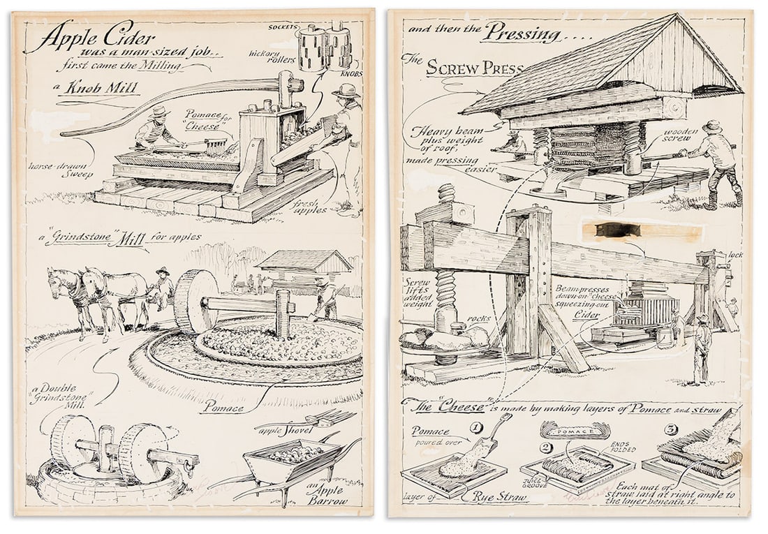 ERIC SLOANE (1905 - 1985) "Apple Cider was a man-sized job...": ERIC SLOANE (1905 - 1985) "Apple Cider was a man-sized job..." Pen and ink over graphite, with correction fluid on paper, 1958. Each page 460x330 mm; 18⅛13 inches. Signed in marker on each page