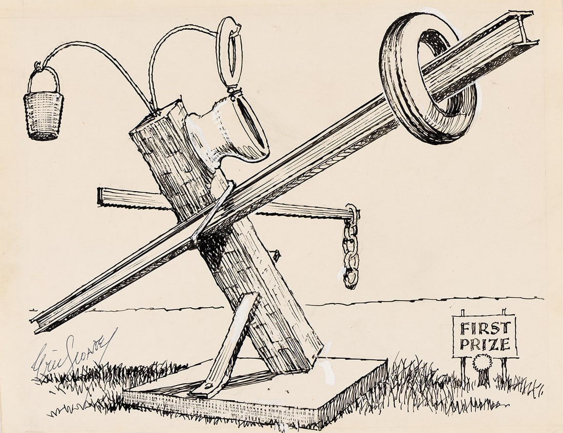 ERIC SLOANE (1905 - 1985) "The Trials of Art," "First Prize," and "Art is How you Look at it.": ERIC SLOANE (1905 - 1985) "The Trials of Art," "First Prize," and "Art is How you Look at it." Pen and ink with correction fluid on paper, 1967. Varying sizes, largest 222x282 mm; 8⅝x11⅛