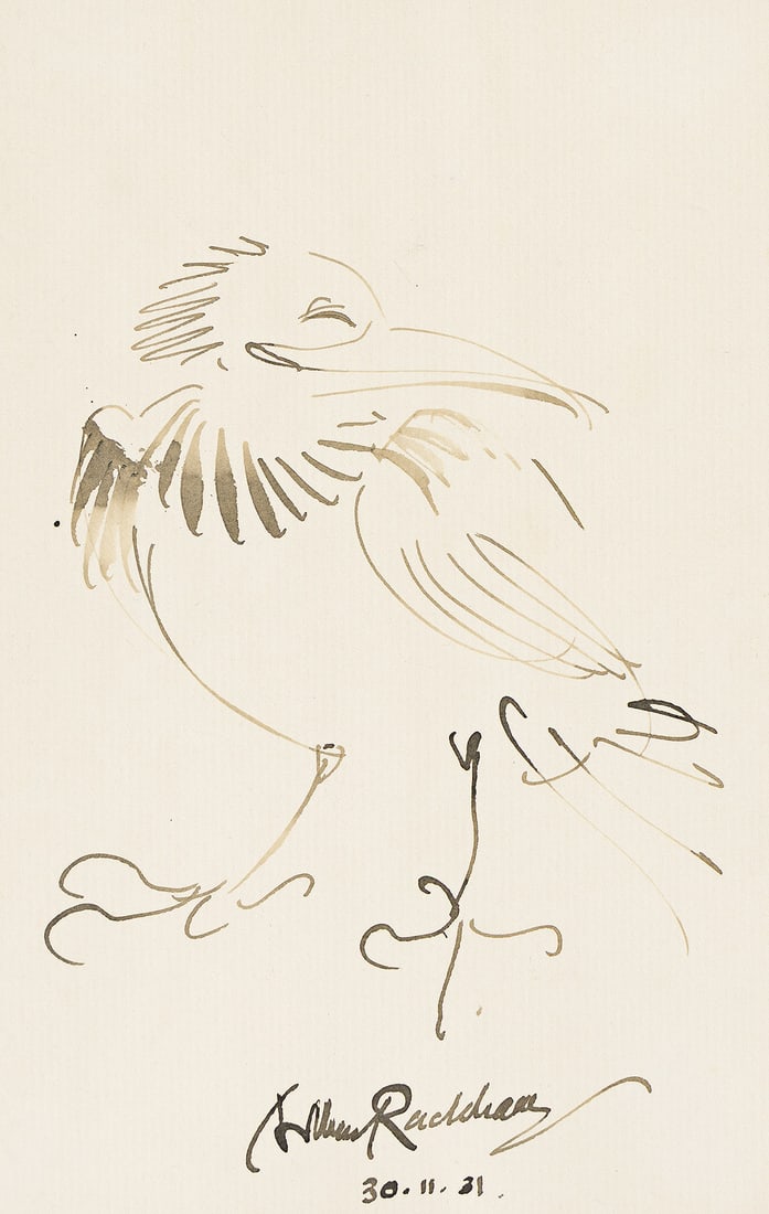 ARTHUR RACKHAM (1867 - 1939) Drawing of a bird.: ARTHUR RACKHAM (1867 - 1939) Drawing of a bird. Pen and quill ink on paper, 1931. 419x356 mm; 16½x14 inches. Signed and dated in lower center image. Provenance Sketches were drawn for Rackham's