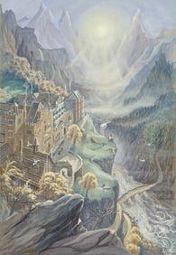 JOAN WYATT (DATES UNKNOWN) "Rivendell: an early morning view with Frodo and Sam walking on the