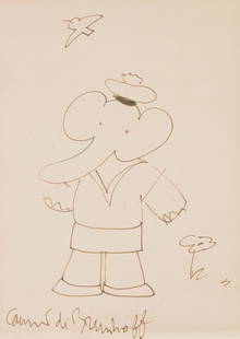 LAURENT DE BRUNHOFF (1925 - 2024) Sketch of Arthur from Babar series.: LAURENT DE BRUNHOFF (1925 - 2024) Sketch of Arthur from Babar series. Felt-tip marker on Strathmore Charcoal paper. 611x456 mm; 24x18 inches. Signed in lower margin. Arthur was first introduced to the