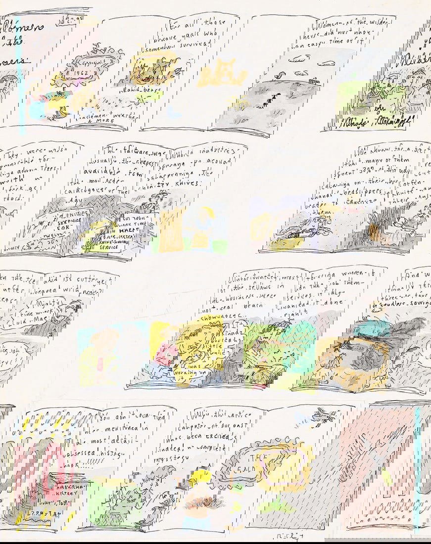 (NEW YORKER) ROZ CHAST (1954 - ) Women of the Wilderness by Mindy Melnikoff.: (NEW YORKER) ROZ CHAST (1954 - ) Women of the Wilderness by Mindy Melnikoff. Ink and watercolor on Bristol board, 1991. 302x228 mm; 12x9 inches. Signed in lower right image. Provenance From the collec