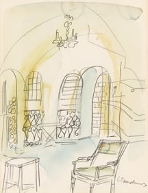 LUDWIG BEMELMANS (1898 - 1962) Interior room with open French doors.