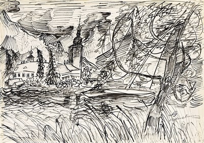 LUDWIG BEMELMANS (1898 - 1962) Church and boat lanscape.