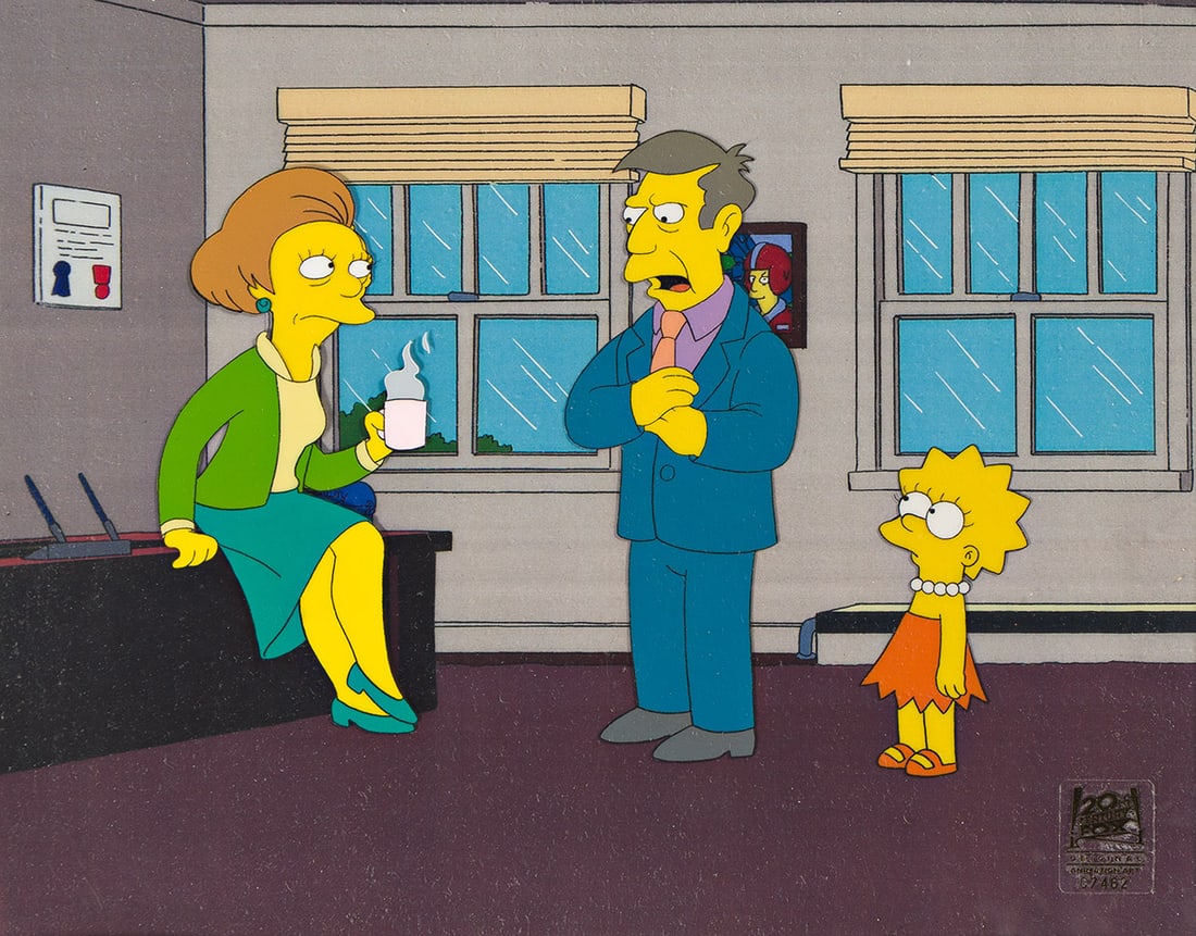 20TH CENTURY FOX / FILM ROMAN The Simpsons: “I Am Furious (Yellow)".: 20TH CENTURY FOX / FILM ROMAN The Simpsons: “I Am Furious (Yellow)". Cel vinyl paint on acetate animation cels, 2002. A scene matching print as issued with the cel is included. Provenance Bears 