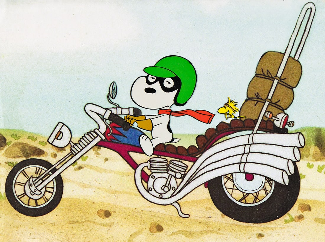 PEANUTS / CHARLES SCHULZ / BILL MELENDEZ PRODUCTIONS Snoopy and Woodstock animation cel setup.: PEANUTS / CHARLES SCHULZ / BILL MELENDEZ PRODUCTIONS Snoopy and Woodstock animation cel setup. Acrylic paint on acetate animation cel, 1975/1977. 267x318 mm; 10½x12½ inches. A print back