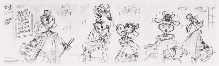 WALT DISNEY STUDIOS / FLOYD GOTTFREDSON (1905-1986) Goofy the magician comic strip preliminary