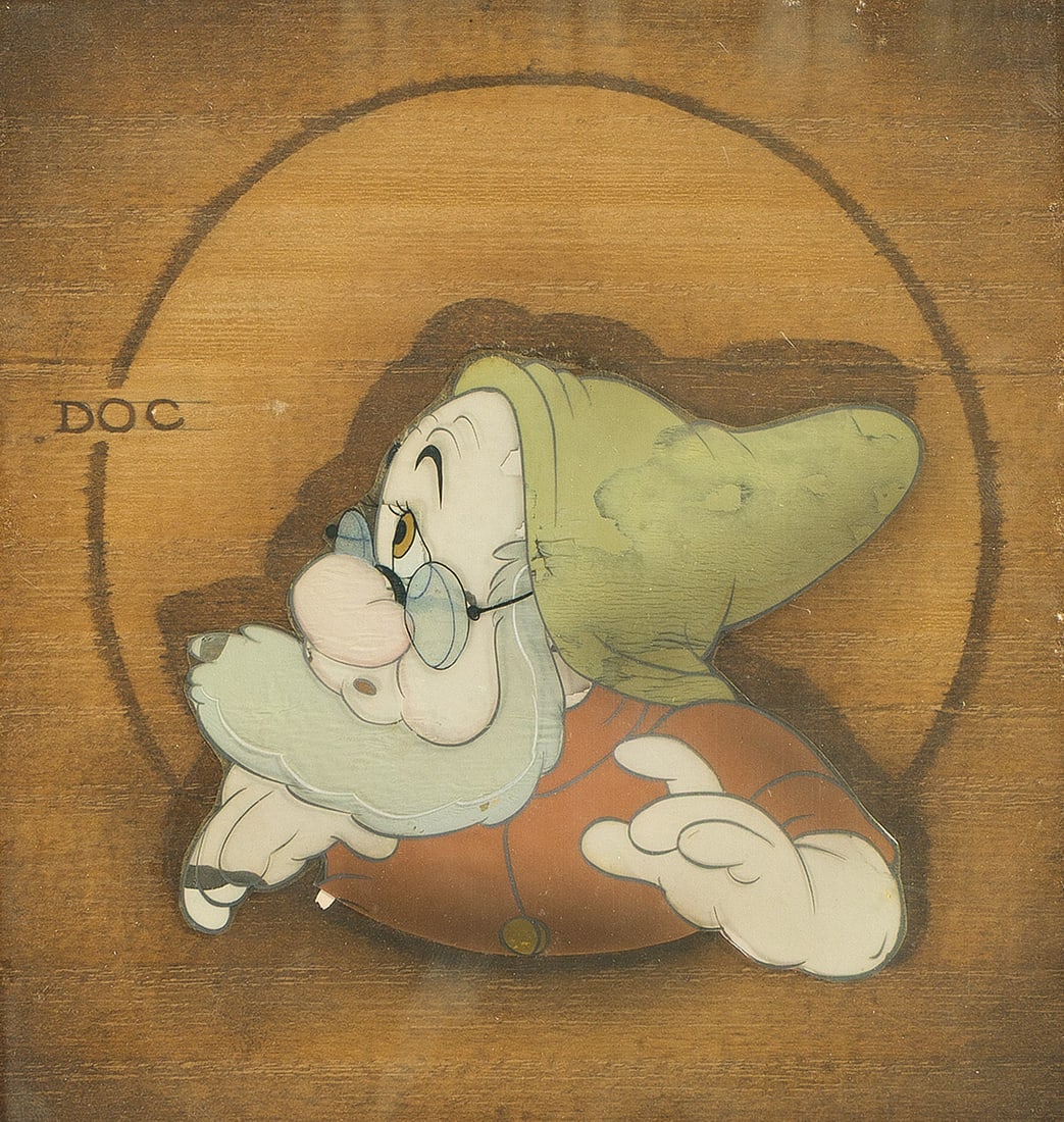 WALT DISNEY STUDIOS / SNOW WHITE Courvoisier animation cel, Doc meets Snow White. (1 of 2)