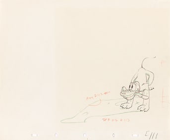 WALT DISNEY STUDIOS / WALT KELLY (1913-1973) Pluto, Mickey’s Surprise Party animation drawing