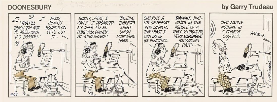 GARRY TRUDEAU (1948 - ) Doonesbury comic strip: Jimmy in the studio.: GARRY TRUDEAU (1948 - ) Doonesbury comic strip: Jimmy in the studio. Pen and ink over graphite, with correction fluid, 1975. 180x420 mm; 7¼x16½ inches. Signed in final panel; dated in fi