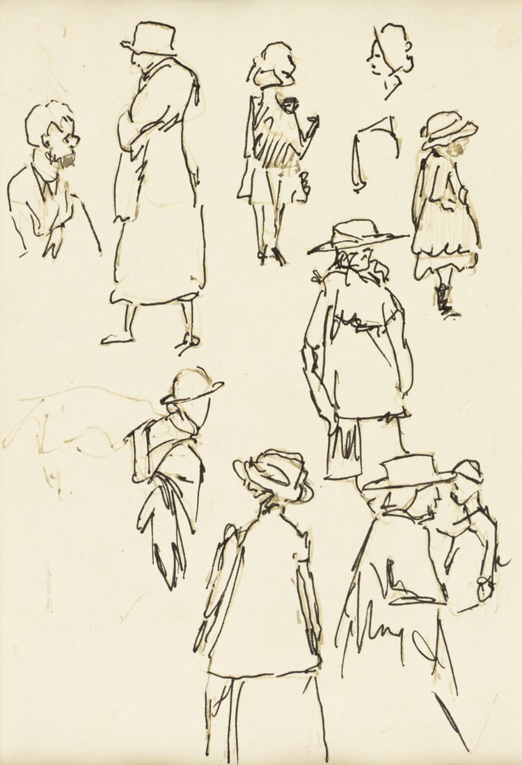 EDWARD HOPPER (1882 - 1967) Sheet of Figure Studies.: EDWARD HOPPER (1882 - 1967) Sheet of Figure Studies. Pen and ink on wove paper, circa 1910. 225x153 mm; 9x6 inches. With studies of a ship's hull in pencil, verso. Provenance Estate of the artist, New