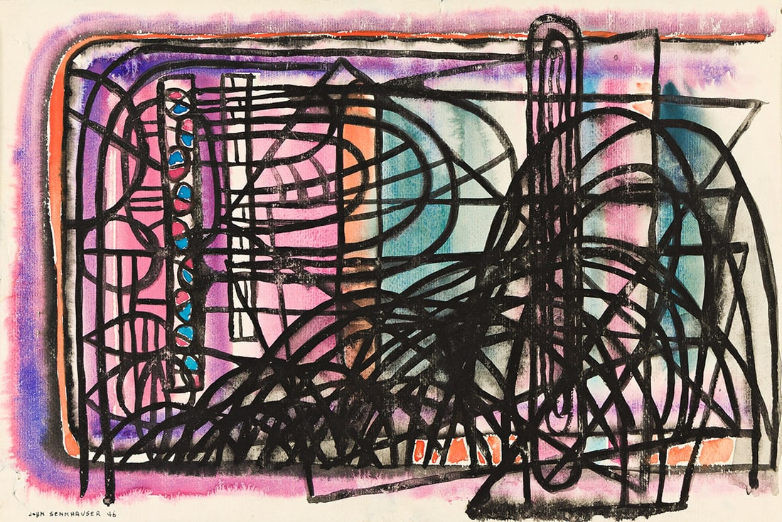 JOHN SENNHAUSER (1907 - 1978) Black Lines in Colorspace No. 30.: JOHN SENNHAUSER (1907 - 1978) Black Lines in Colorspace No. 30. Watercolor on cream wove paper, 1946. 305x457 mm; 12x18 inches. Signed and dated in ink, lower left. Inscribed "#30" in pencil, verso, a