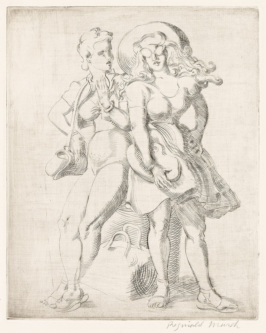 REGINALD MARSH (1898 - 1954) League Print.: REGINALD MARSH (1898 - 1954) League Print. Engraving, 1949. 251x202 mm; 9⅞x8 inches, full margins. Edition of 200. Signed in pencil, lower right. Published by Art Students League, New York. Saso