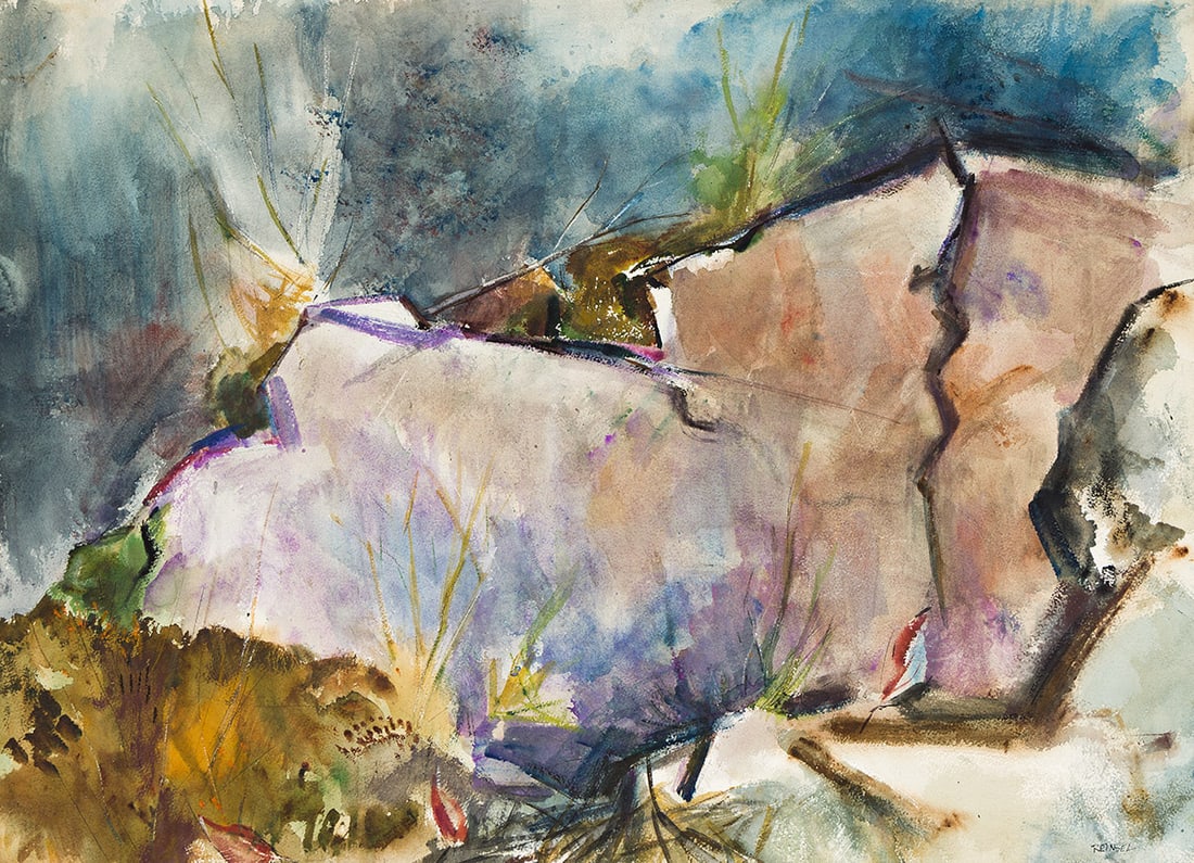 WALTER REINSEL (1905 - 1979) Maine, Rock Formation.: WALTER REINSEL (1905 - 1979) Maine, Rock Formation. Watercolor on paper, 1957. 560x773 mm; 22x30½ inches. Signed in ink, lower right. Dated in pencil, verso. Provenance Private collection, New Yo