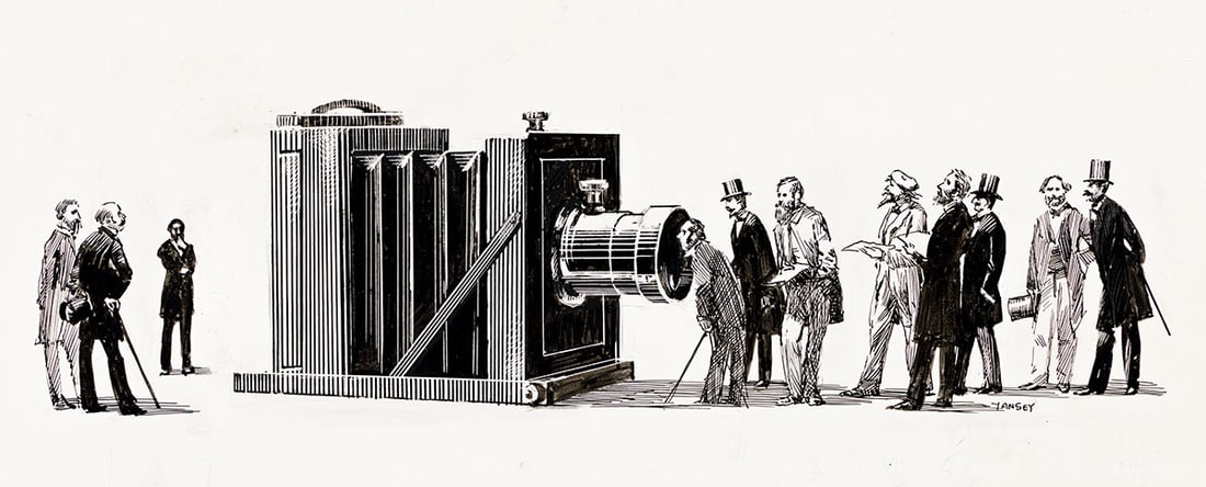 MARK TANSEY (1949 - ) "Waiting in Line to Look.": MARK TANSEY (1949 - ) "Waiting in Line to Look." Pen and ink on paper, with mounting tape to board, 1980. 140x292 mm; 5½x11½ inches. Signed, lower right. Title inscribed on mounting tape