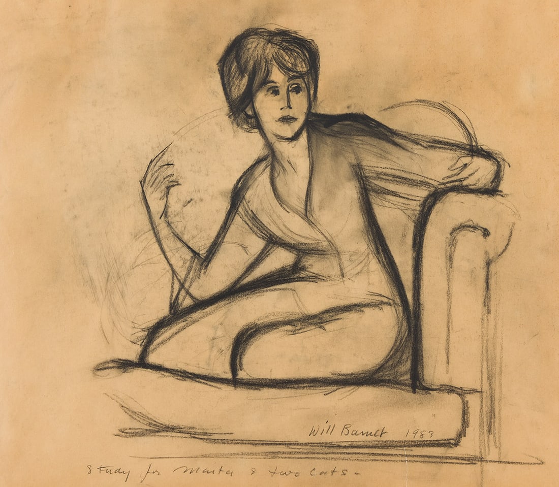 WILL BARNET (1911 - 2012) Study for "Portrait of Martha".: WILL BARNET (1911 - 2012) Study for "Portrait of Martha". Charcoal on vellum, 1983. 353x405 mm; 13⅞x16 inches. Signed, dated and inscribed "Study for Maita & two cats -", lower edge. Provenance