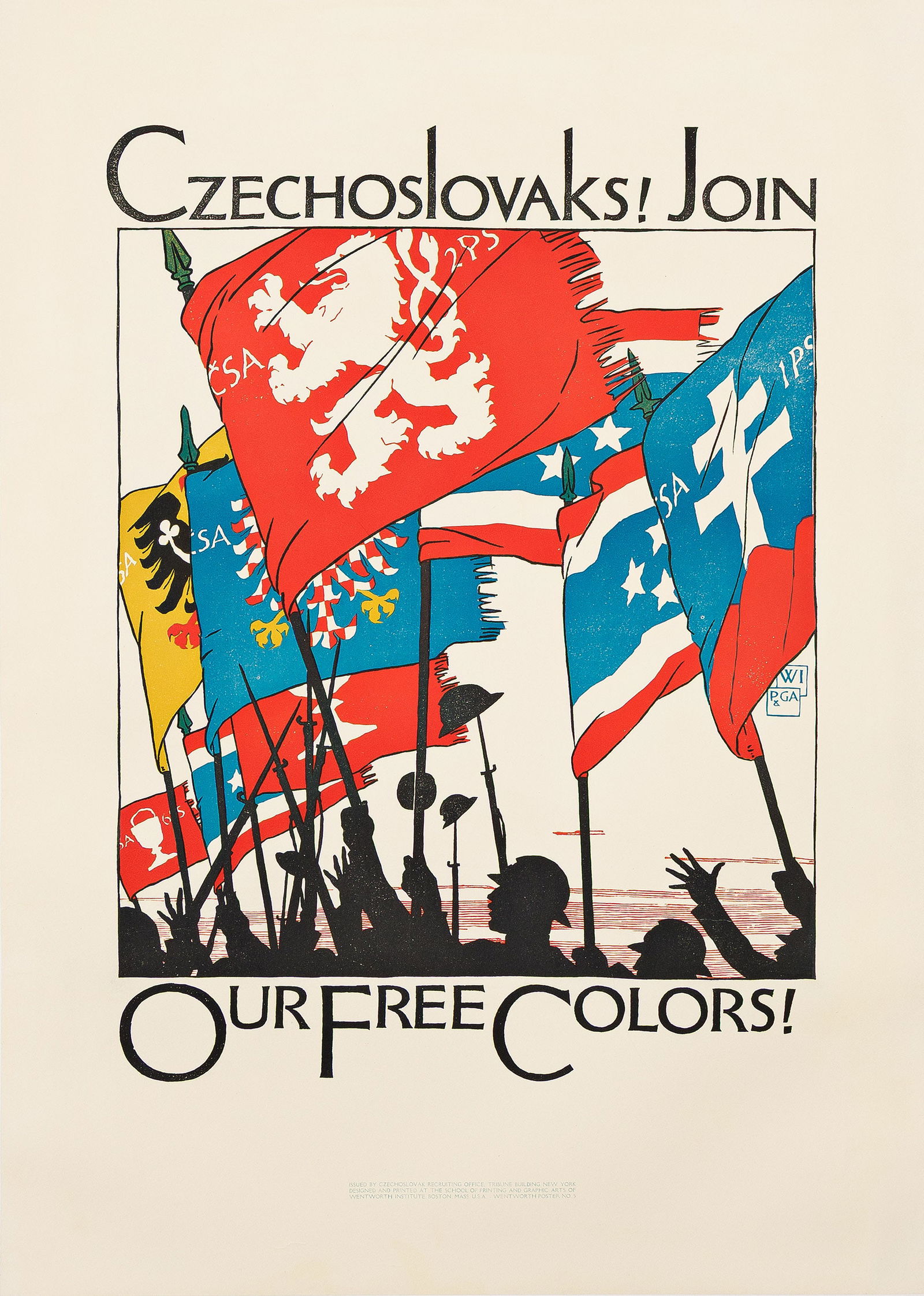 Vojtech Preissig. Czechoslovaks! Join Our Free Colors! 1918. 35¾x25½ inches, 91x64¾: Vojtech Preissig1873-1944Czechoslovaks! Join Our Free Colors! 1918.Condition A-: repaired tears in margins; minor creases in image.The most famous in a series of 16 color linoleum cuts produced by Pre