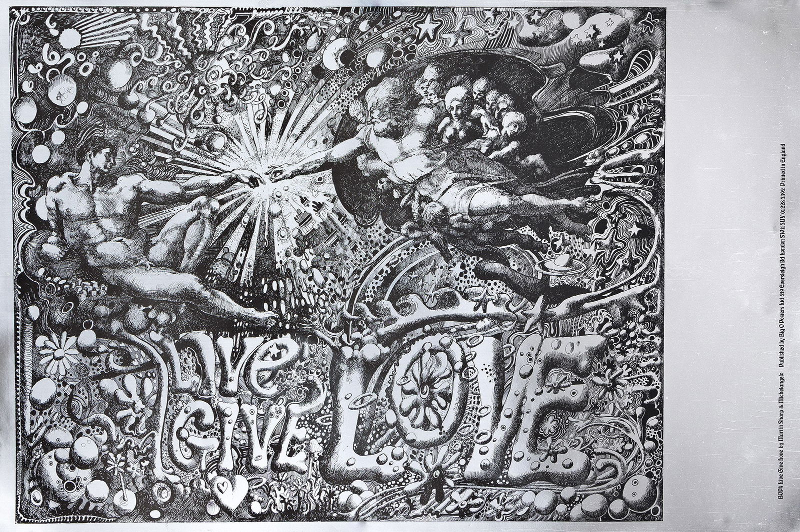 Martin Sharp. Live Give Love. 1967. 19¾x29¾ inches, 50¼x75½ cm.: Martin Sharpe1942-2013Live Give Love. 1967.Condition A: minor creases in bottom margin. Screenprint on silver foil laminated paper. Framed.Martin Sharp founded OZ magazine in Australia in 1963 and soo