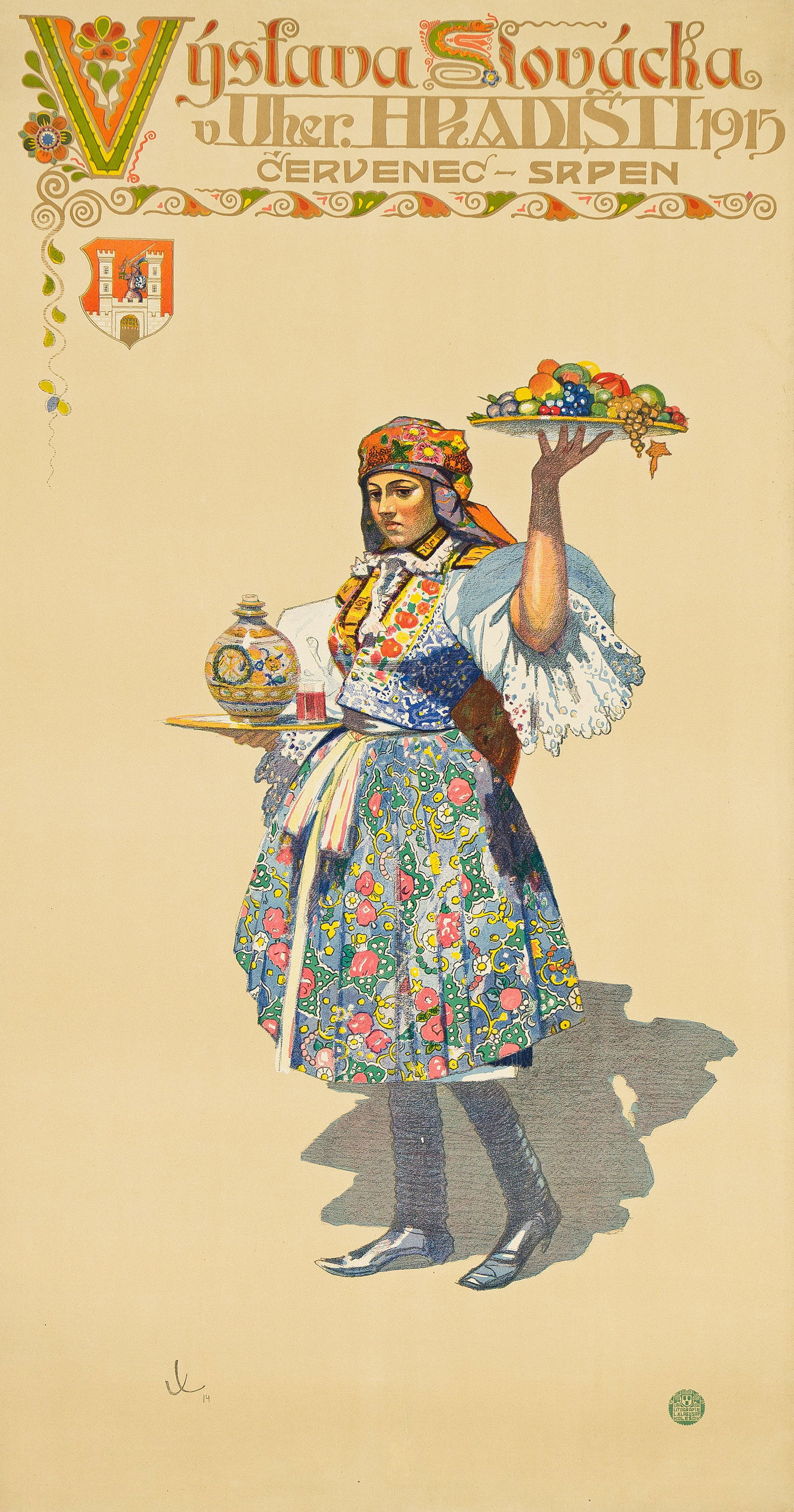 Joza Uprka . Výstava Slovácka.1915. 48¼x25¼ inches, 122½x64¼ cm.: Joza Uprka1861-1940Výstava Slovácka. 1915.Condition A-: creases and repaired tears at edges, one slightly into lower image.This design was reused for the same exhibition in 1937, albeit with