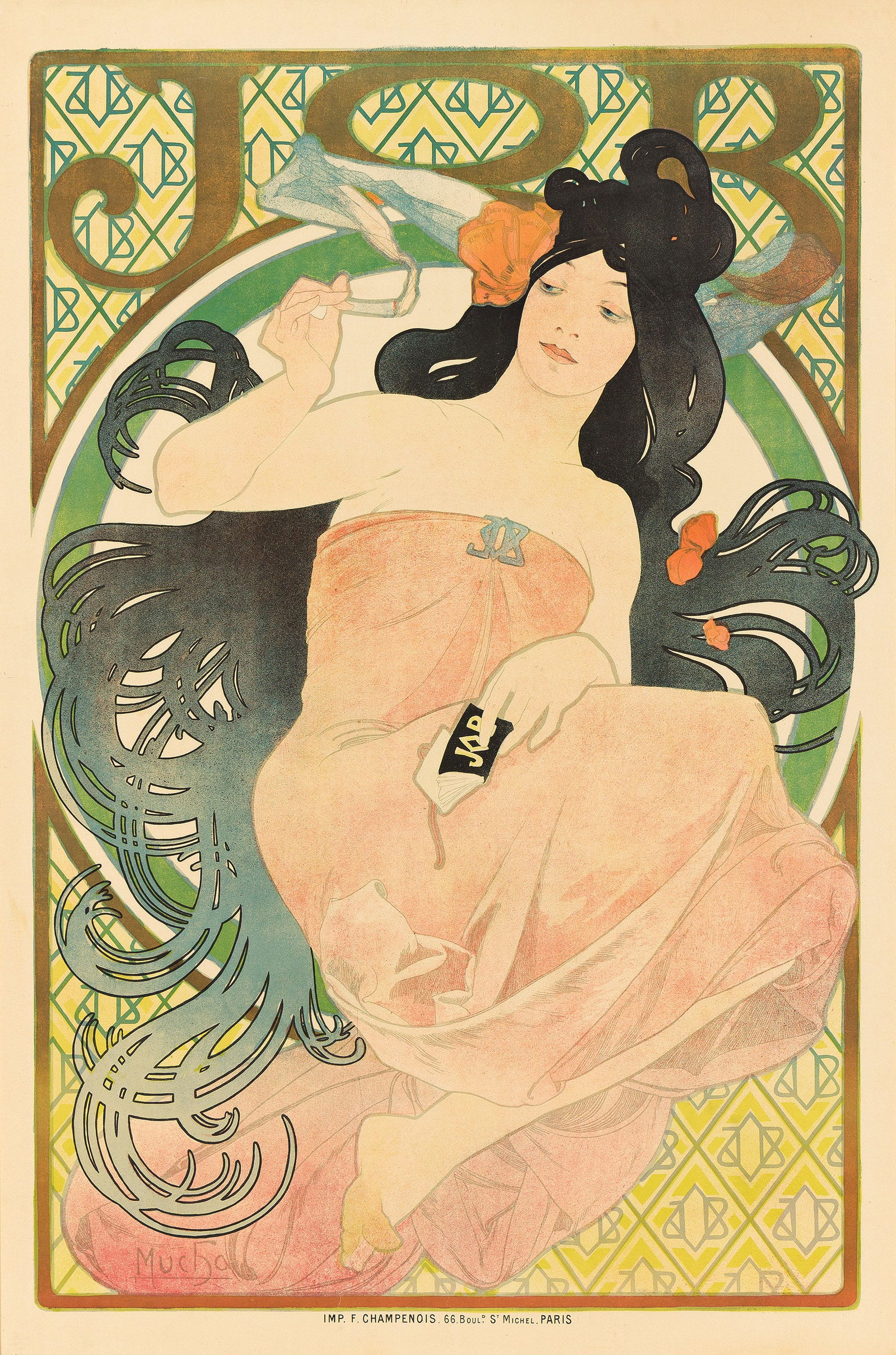 Alphonse Mucha. Job. 1898. 61x41 inches, 155x104¼ cm.: Alphonse Mucha1860-1939Job. 1898.Condition A: minor creases in image. Framed.Mucha's second poster for Job, done two years after the first, is one of his best advertising pieces. Here, Mucha provides