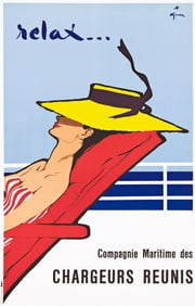 René Gruau (Renato De Zavagli). Relax . . . / Chargeurs Reunis. Circa 1950. 38½x24¾
