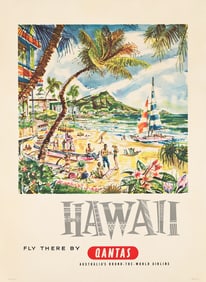 Harry Rogers. Hawaii / Fly There by Qantas. Circa 1958. 39½x28¾ inches, 100½x73 cm.