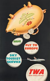 David Klein. TWA / Fly to Europe / Sky Tourist Service. Circa 1952. 40x24¾ inches, 101¾x63