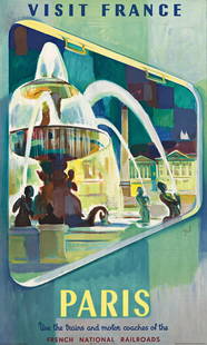 Tal. Visit France / Paris. 1952. 39½x25 inches, 100½x63½ cm.: Tal(Dates Unknown)Visit France / Paris. 1952.Condition A.A view from within a French train looking out at the fountain in the Place de la Concorde.39&#189;x25 inches, 100&#189;x63&#189; cm. Paul Marti
