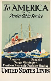 Designer Unknown. To America by the Perfect Cabin Service / United States Lines. 40x25 inches,