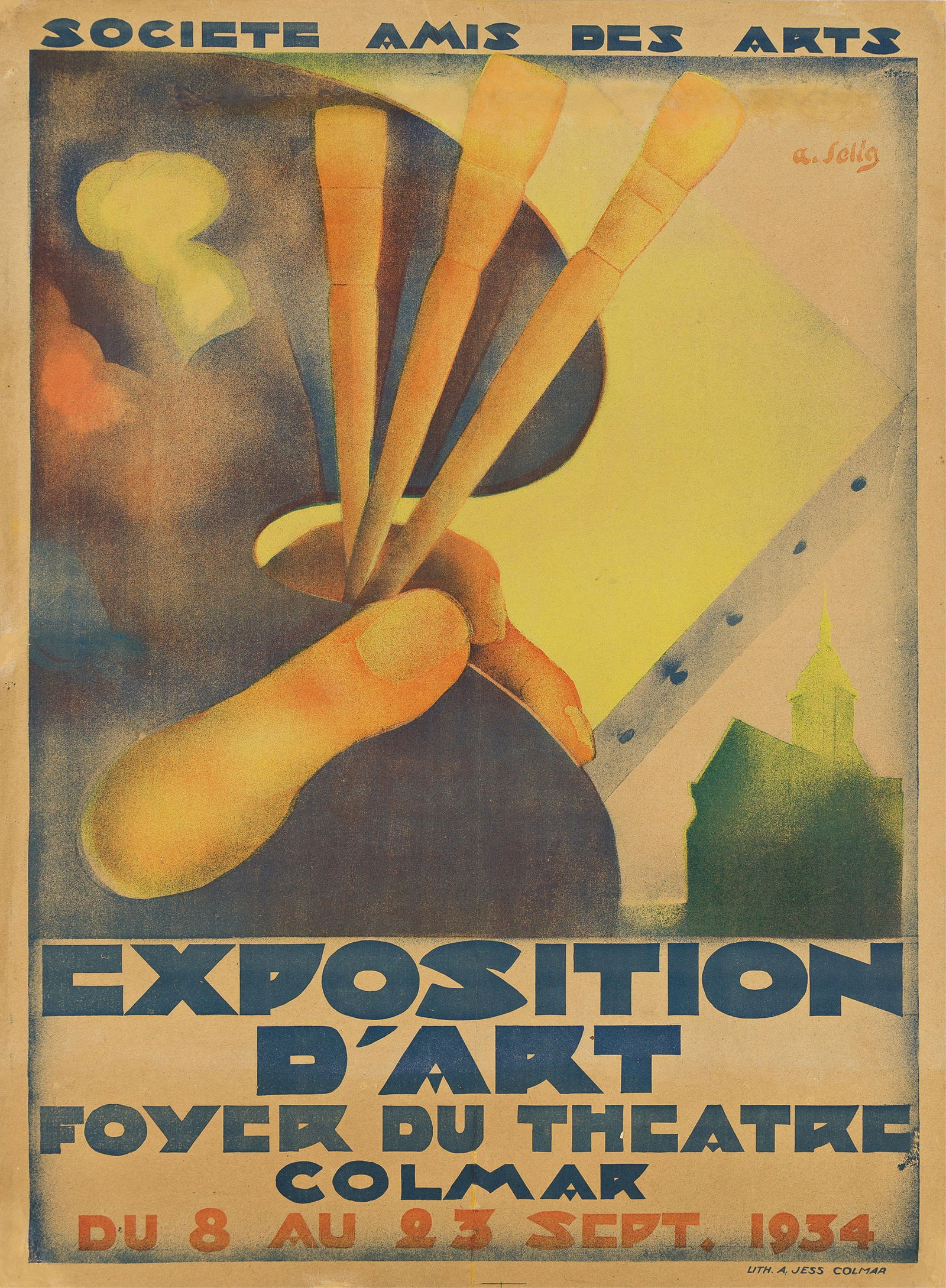 Alfred Selig. Exposition d'Art / Colmar. 1934. 32x23½ inches, 81¼x59¾ cm.: Alfred Selig1907-1974Exposition d'Art / Colmar. 1934.Condition B+: repaired tears, overpainting and creases in margins and image and along vertical and horizontal folds.Selig designed a small handful