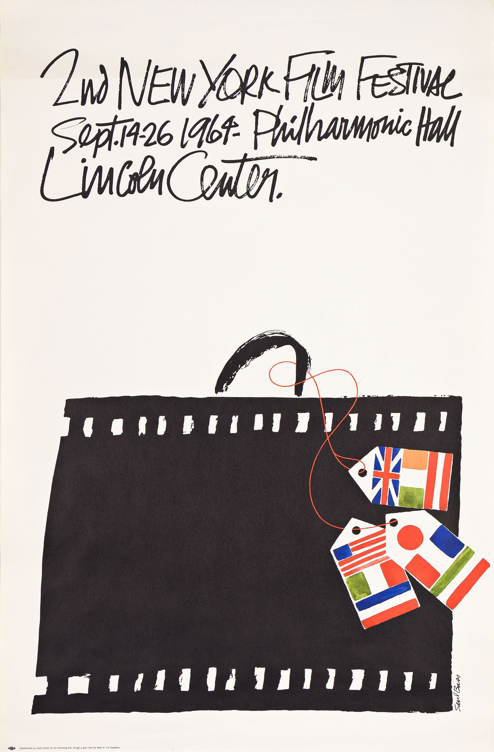 Saul Bass. 2nd New York Film Festival / Philharmonic Hall / Lincoln Center. 1964. 45½x29¾: Saul Bass1920-19962nd New York Film Festival / Philharmonic Hall / Lincoln Center. 1964.Condition A-: small tear at bottom edge; minor creases at edges and in image. Paper.45½x29¾ inches, 11