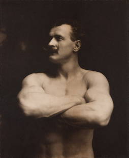 Portrait of bodybuilder Eugen Sandow (1867-1925).: Portrait of bodybuilder Eugen Sandow (1867-1925). Circa 1900.Platinum printthe image 11 1/4 x 9 1/8 in. (28.6 x 23.2 cm.) Eugen Sandow (n&#233; Friedrich M&#252;ller) was a muse, an inspiration, and a