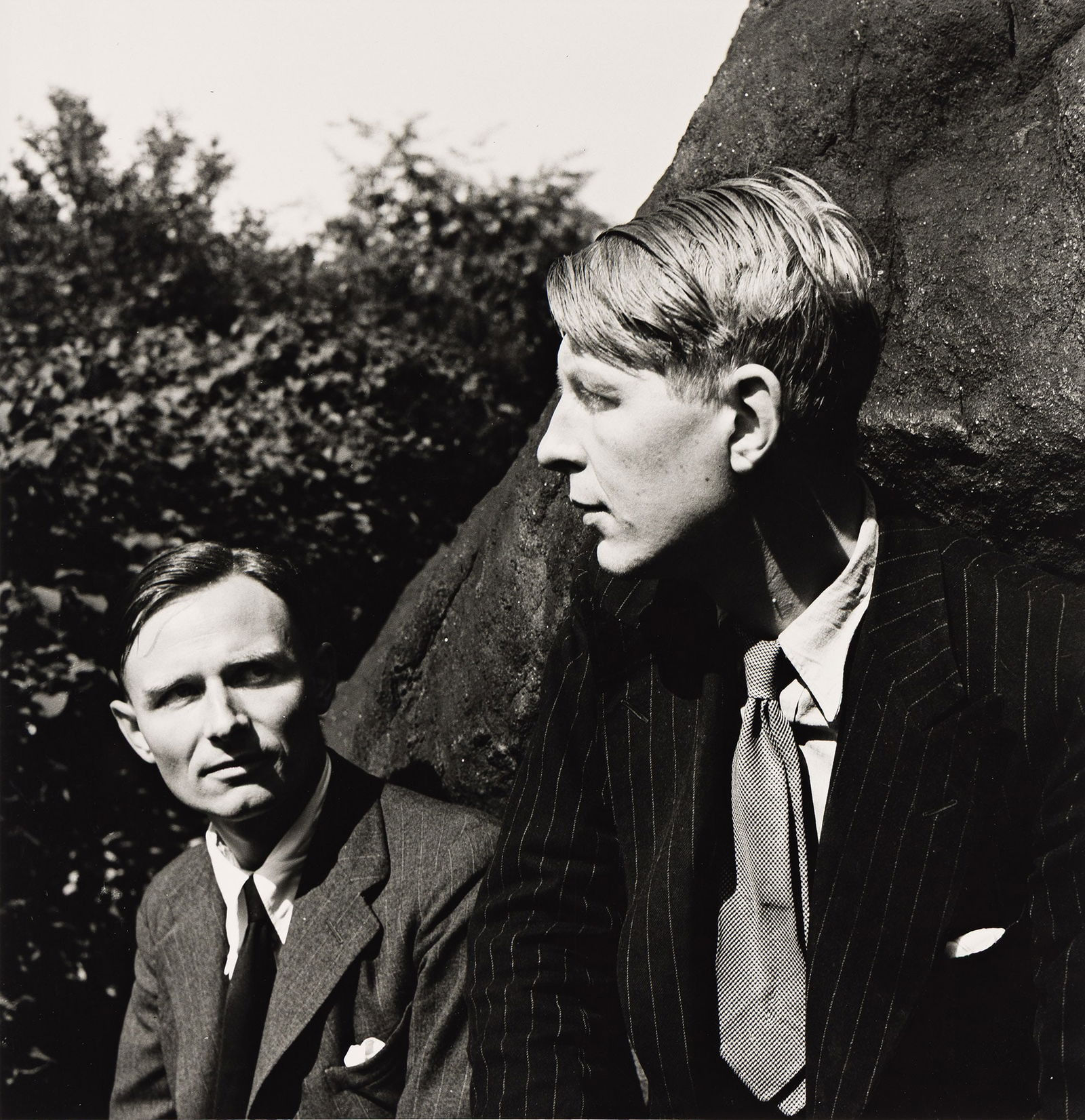 Louise Dahl-Wolfe, Christopher Isherwood and W.H. Auden, Central Park, N.Y. 1938; printed 1970s.: Louise Dahl-Wolfe1895-1989Christopher Isherwood and W.H. Auden, Central Park, N.Y. 1938; printed 1970s.Silver printWith Dahl-Wolfe's signature, title, and negative date in ink on versothe image 11 x 1