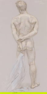 Paul Cadmus Conté crayon on gray Hahnemühle Ingres paper Untitled (Male Nude NM15A).: Paul Cadmus1904-1999Untitled (Male Nude NM15A). Circa 1980s.Cont&#233; crayon on gray Hahnem&#252;hle Ingres paperSigned in white cont&#233; crayon, upper right. Inscribed NM15A in white cont&#233; cr