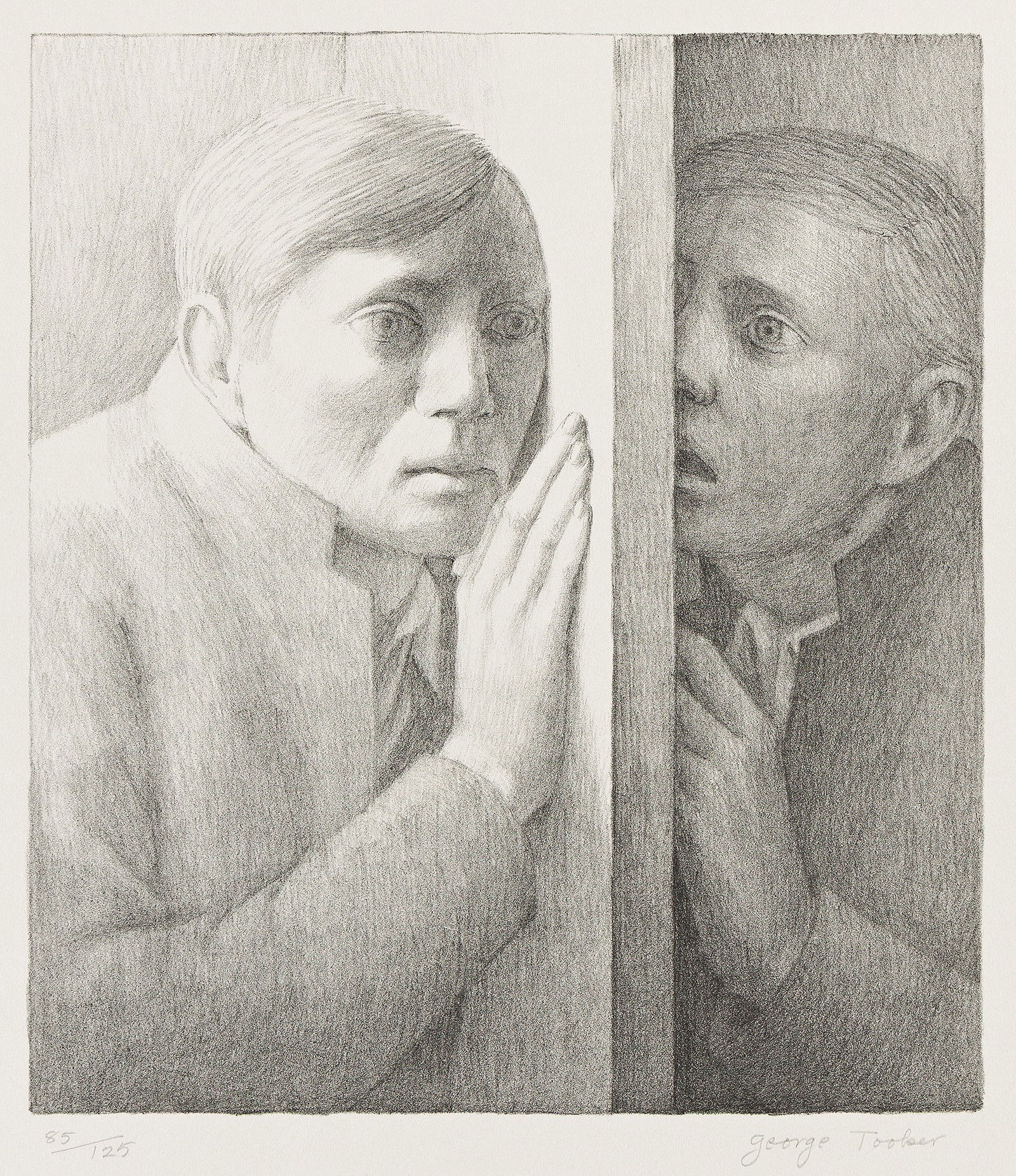 George Tooker The Voice, lithograph. 1977.: George Tooker1920-2011The Voice. 1977.Lithograph on gray wove paperSigned and numbered 85/125 in pencil, lower margin. Printed and published by Editions Press, San Francisco, with the blind stamp lowe
