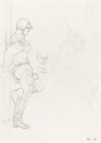 Tom of Finland Untitled (Preparatory drawing of three men,) graphite on paper. 1989.