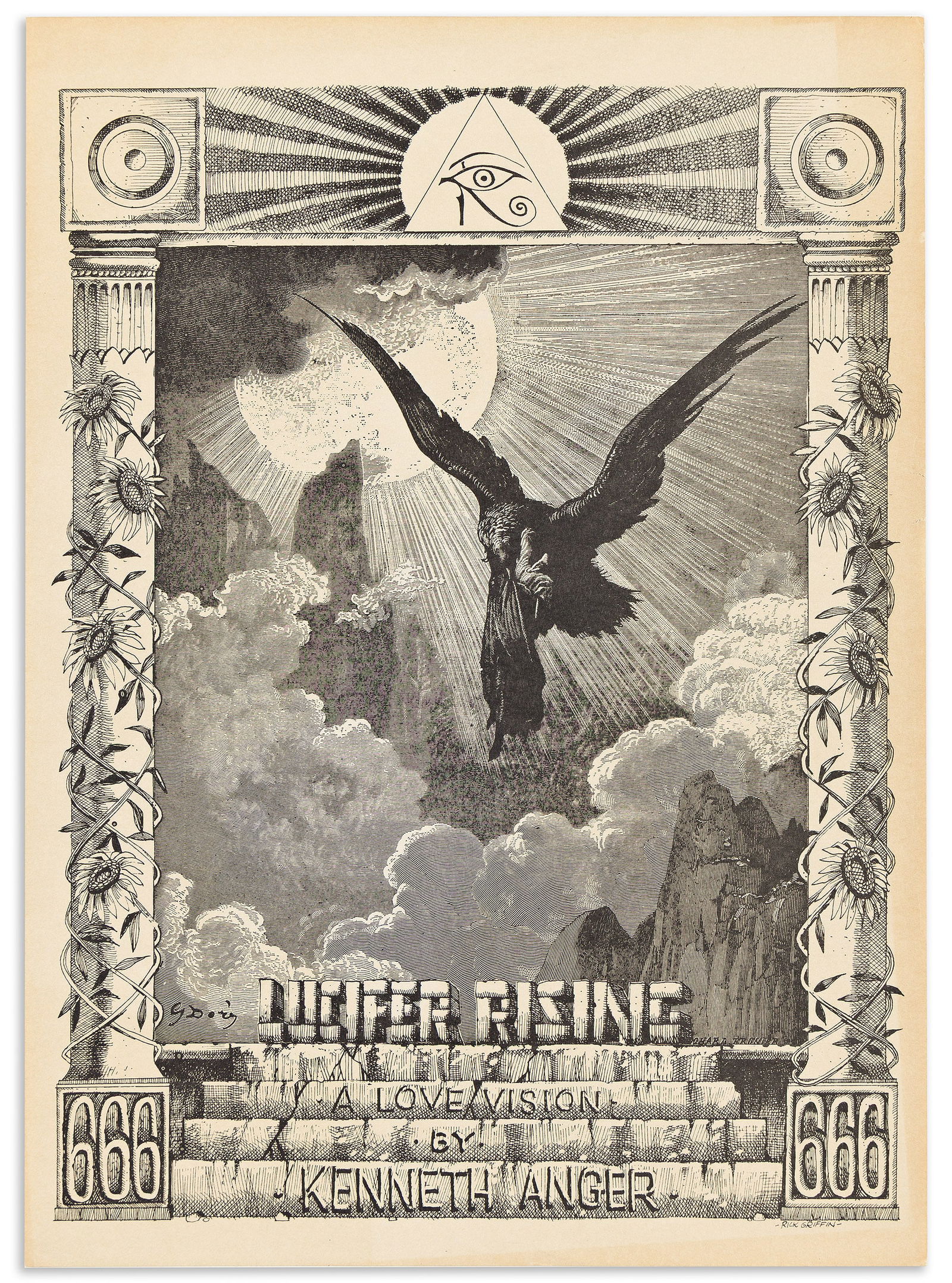 (Kenneth Anger) Rick Griffin Lucifer Rising: A Love Vision, offset lithograph poster. Cica 1972.: Rick Griffin1944-1991Lucifer Rising: A Love Vision. Circa 1972.Lithograph posterPoster promoting Kenneth Anger's 1972 short film, Lucifer Rising.20x14¼ in. (50 x 36 cm.) Griffin's design in
