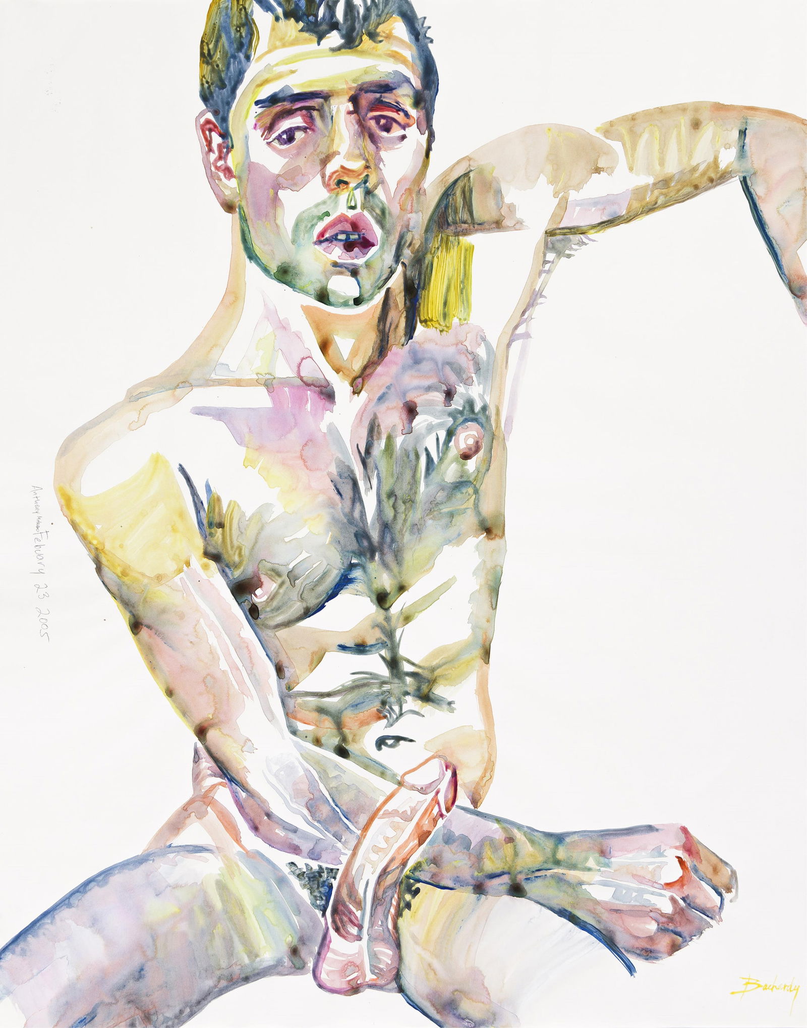 Don Bachardy Portait of Anthony Matarazzo, watercolor. 2005.: Don Bachardy1934-Portait of Anthony Matarazzo. 2005.Watercolor on cream wove paperSigned in watercolor, upper left recto.Signed and dated in ink by the sitter, upper left recto.29 x 23 in. (73.7 x 58.