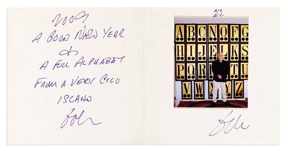 Robert Indiana Christmas Card. 2009.: Robert Indiana1928-2018[New Year's Card.] 2009.Inscribed and Signed, "bob" twice: "2009 / A Good New Year / & / A Full Alphabet / From A Very Cold / Island / NO / EL," written on inside pages of folde