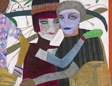 Robbie Tillotson Untitled – Mates, oil, pastel, graphite, ballpoint pen on paper and mixed