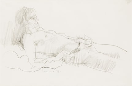 Michael Leonard Reclining semi nude pulling up pants, pencil sketch. 1978.