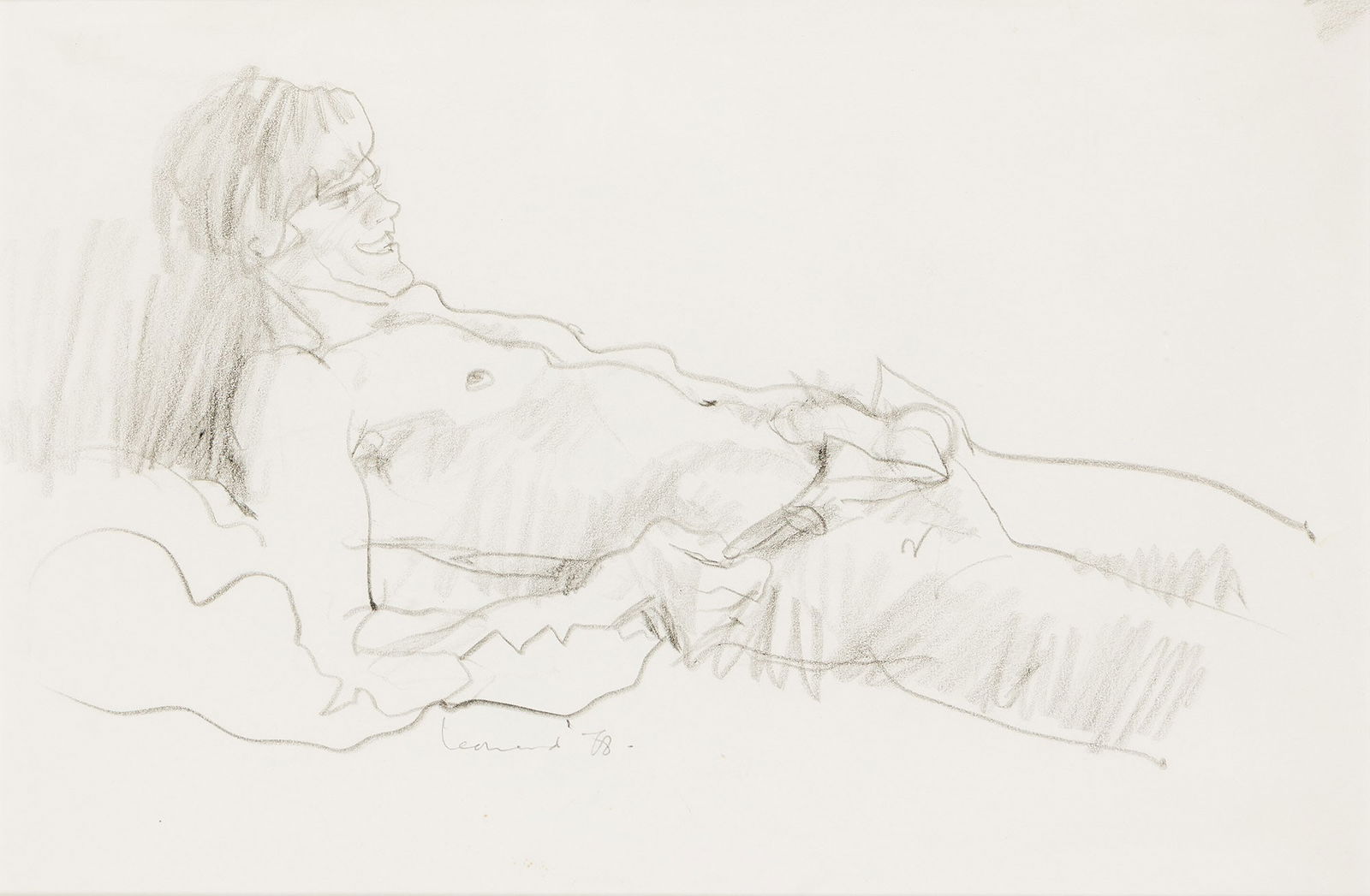 Michael Leonard Reclining semi nude pulling up pants, pencil sketch. 1978.: Michael Leonard1933-2023Reclining Semi Nude. 1978.Pencil on cream wove paperSigned and dated in pencil, lower left.7 x 10 1/2 in. (17.8 x 26.7 cm.) Acquired directly from the artist.The es