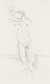 Michael Leonard Nude pulling on shirt, pencil sketch.1978.