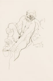 Michael Leonard Nude pulling off pants, pencil sketch. 1978.