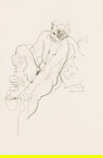 Michael Leonard Nude pulling off pants, pencil sketch. 1978.: Michael Leonard1933-2023Nude Pulling off Pants. 1978.Pencil on cream wove paperSigned and dated in pencil, lower right.10 1/2 x 7 in. (26.7 x 17.8 cm.) Acquired directly from the artist.Th