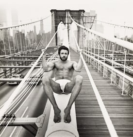 Arthur Tress, Man on Bridge, Brooklyn Bridge, N.Y. (Brooklyn Bridge Cable). 1979.