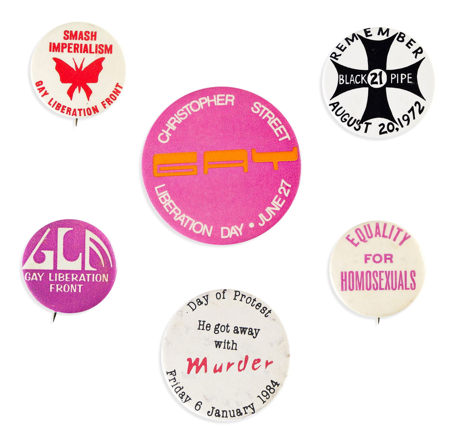 Group of 6 pinback buttons from the gay liberation movement. 1971-1984. (1 of 1)