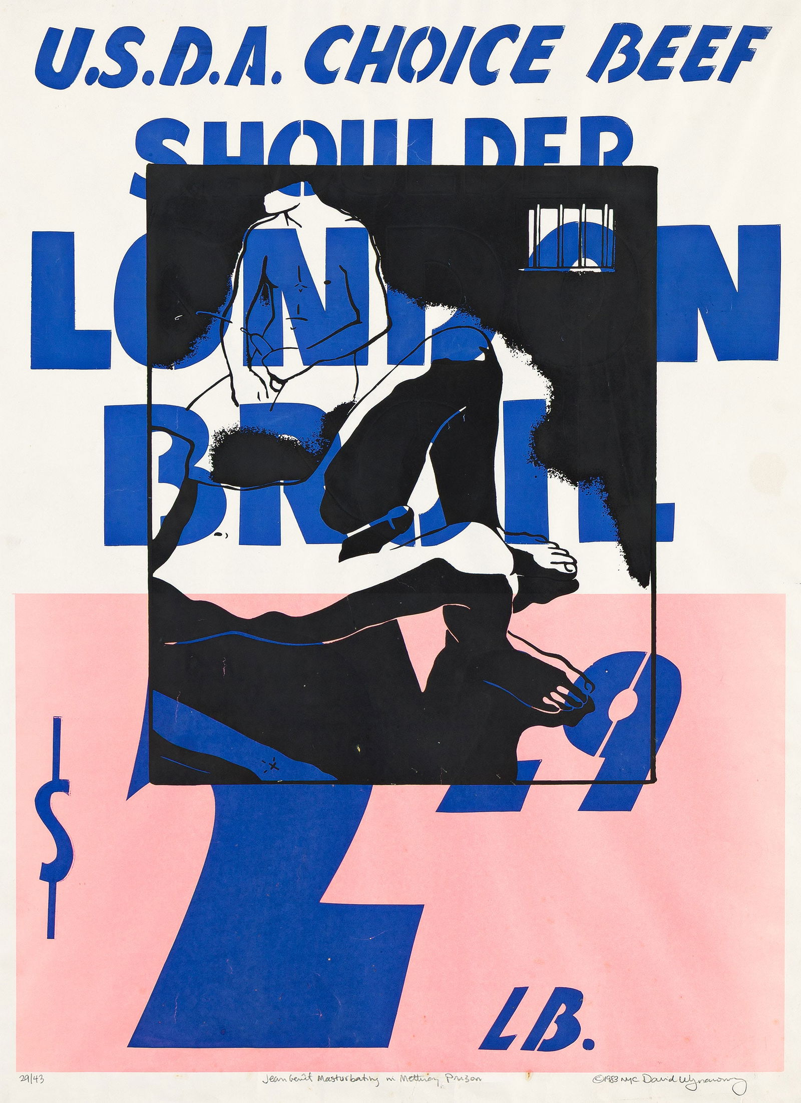 David Wojnarowicz Jean Genet Masturbating in Metteray Prison, Screenprint On Supermarket Poster: David Wojnarowicz1954-1992Jean Genet Masturbating in Metteray Prison. 1983.Screenprint on supermarket poster paperSigned, titled, dated and numbered 29/43 in pencil, lower edge.18 x 15 in. (45.7 x 38.